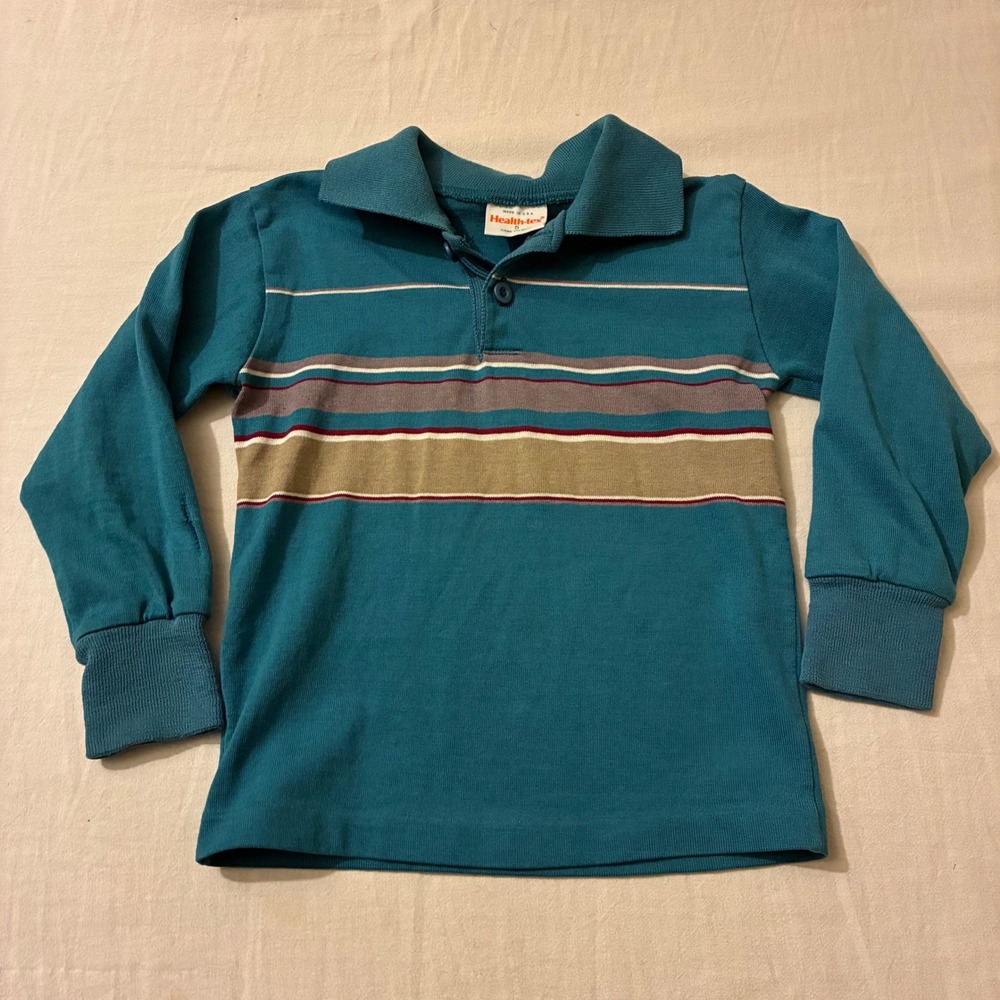 Vintage Health-tex Kids Size 5 Teal Blue Striped Long Sleeve Polo Shirt Made USA